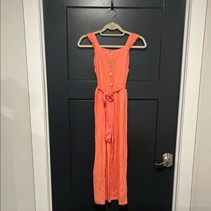 Girls Linen Coral Button-Front Jumpsuit